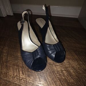 Etienne Aigner Navy Leather Slingback Heels Size 8.5